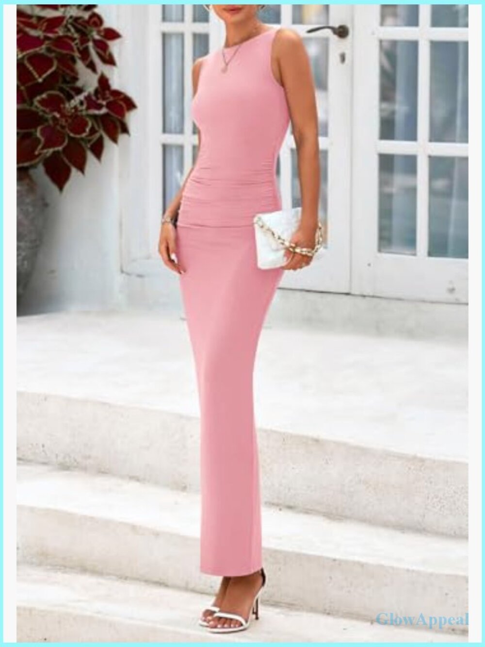 Sleeveless Midi Bodycon Dress with Ruched Detail Back Slit - Picture 4 of 7
